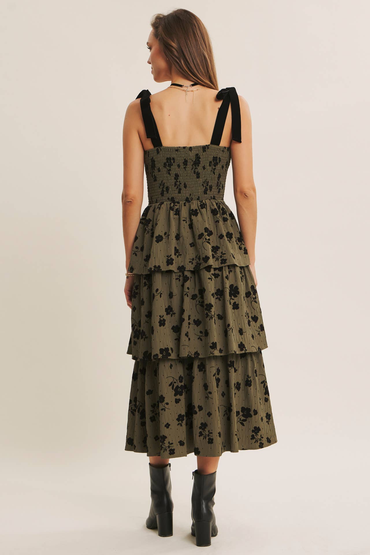 FLORAL FLOCKED TIERED MIDI DRESS