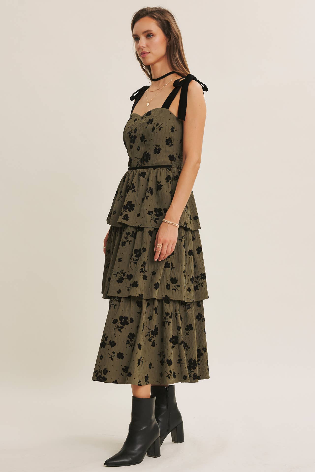 FLORAL FLOCKED TIERED MIDI DRESS