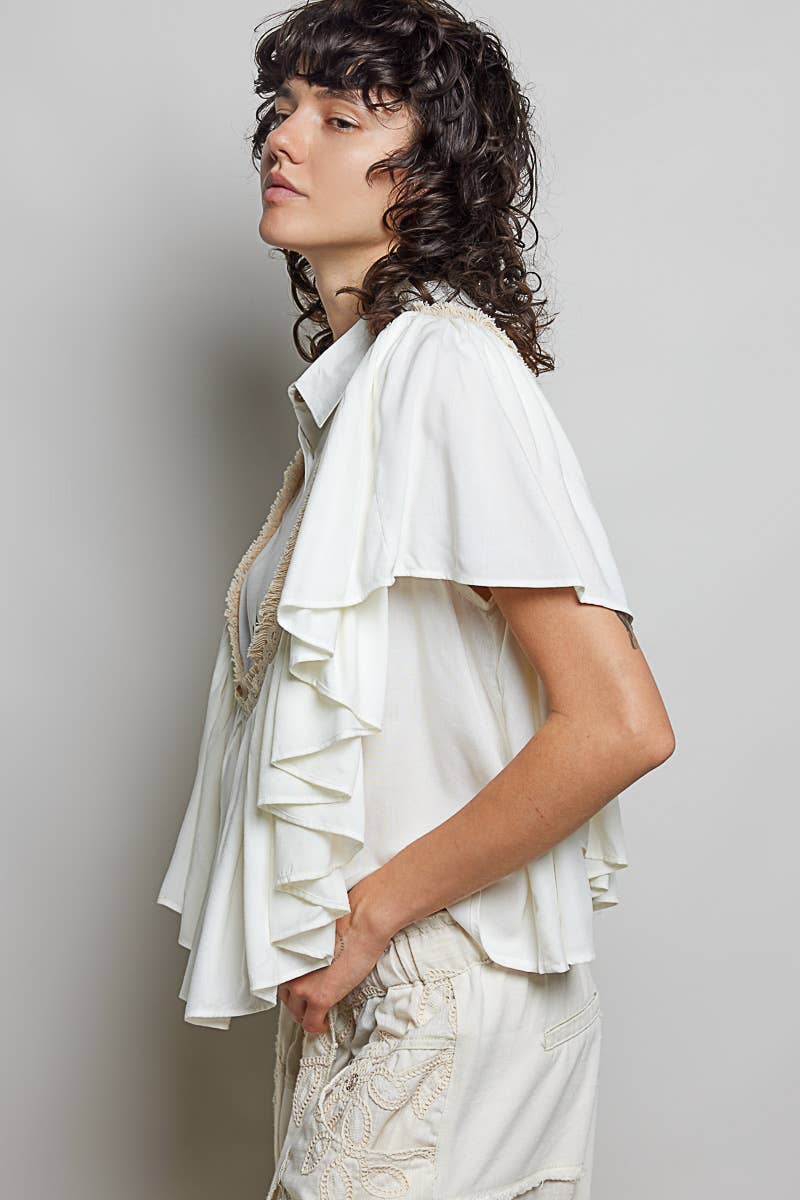 Romantic Ruffle Trim Gathered Panels Woven Blouse SALE