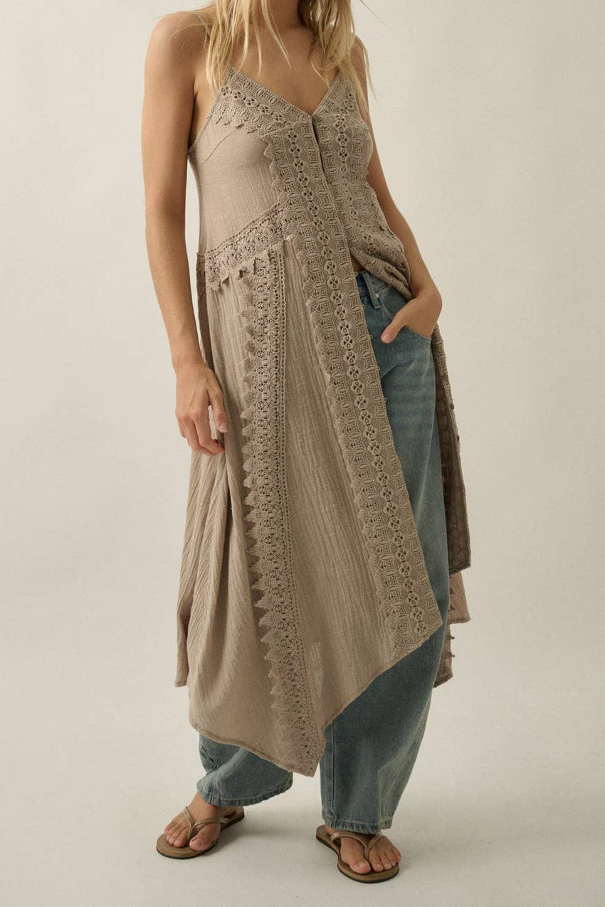 Cotton Gauze Lace-Trimmed Button-Front Cami Maxi Top