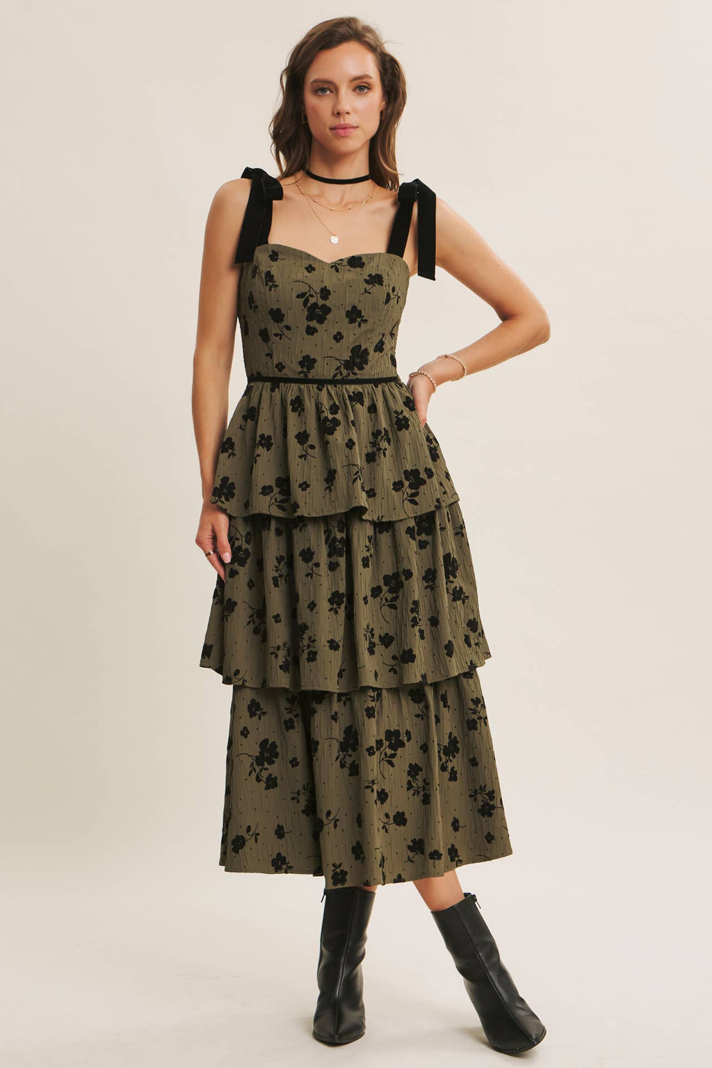 FLORAL FLOCKED TIERED MIDI DRESS