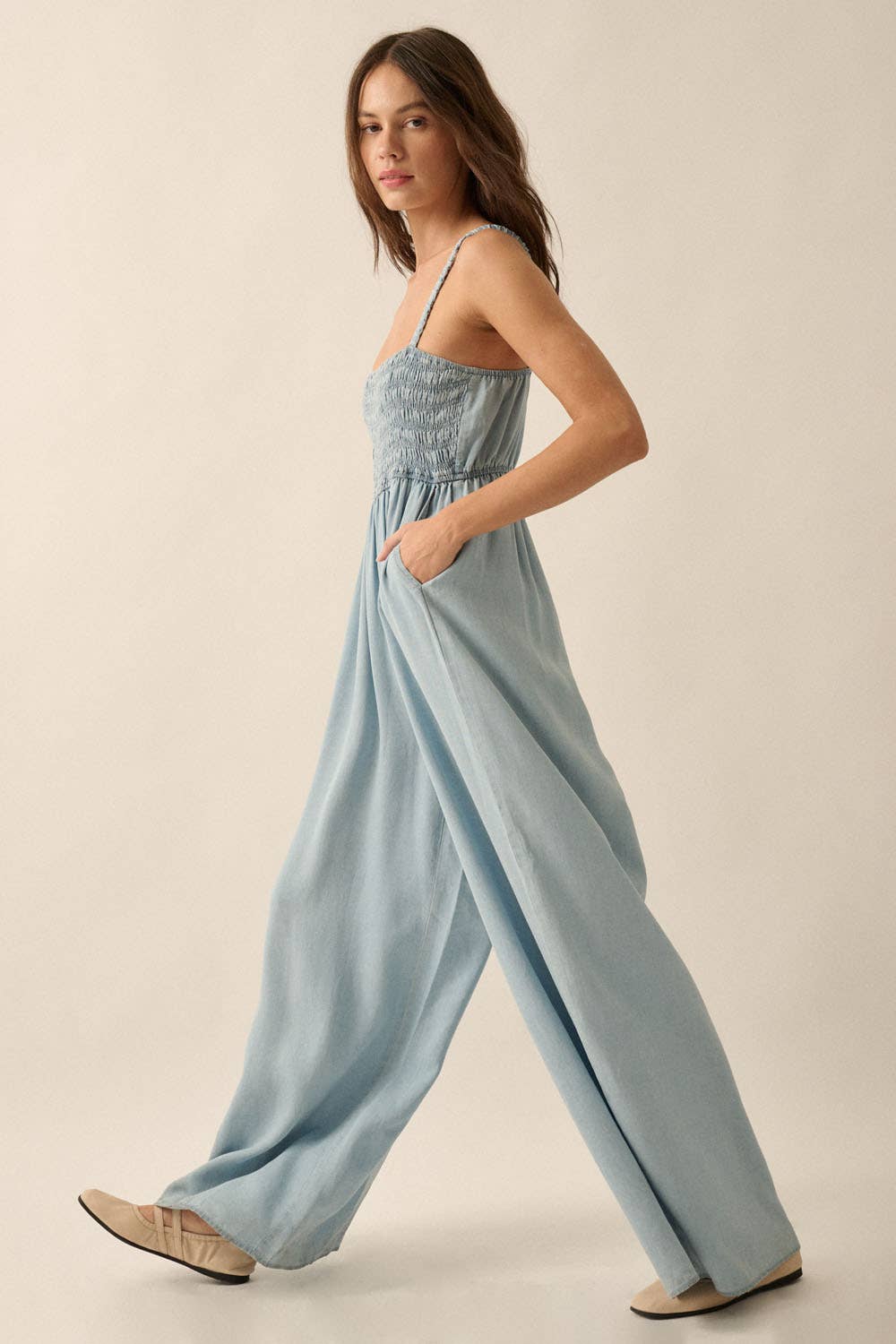 Denim Straight-Neck Smock-Bodice Jumpsuit