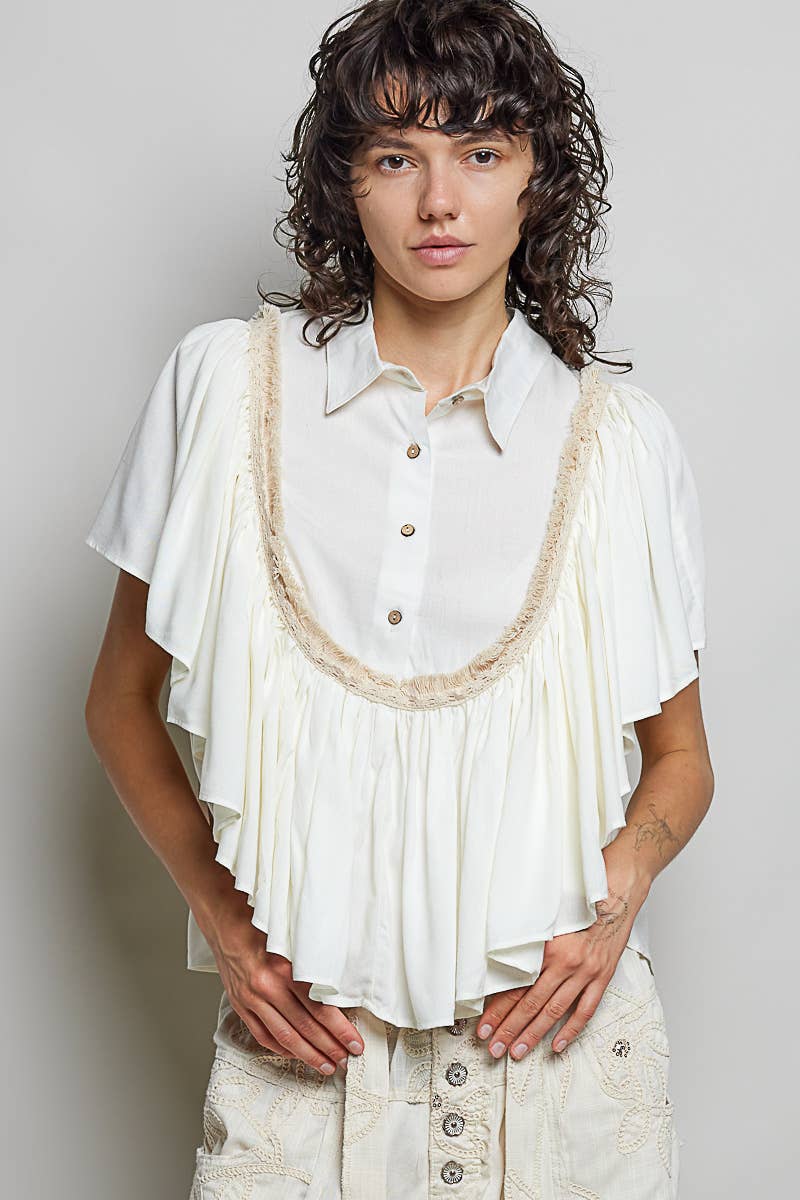 Romantic Ruffle Trim Gathered Panels Woven Blouse SALE