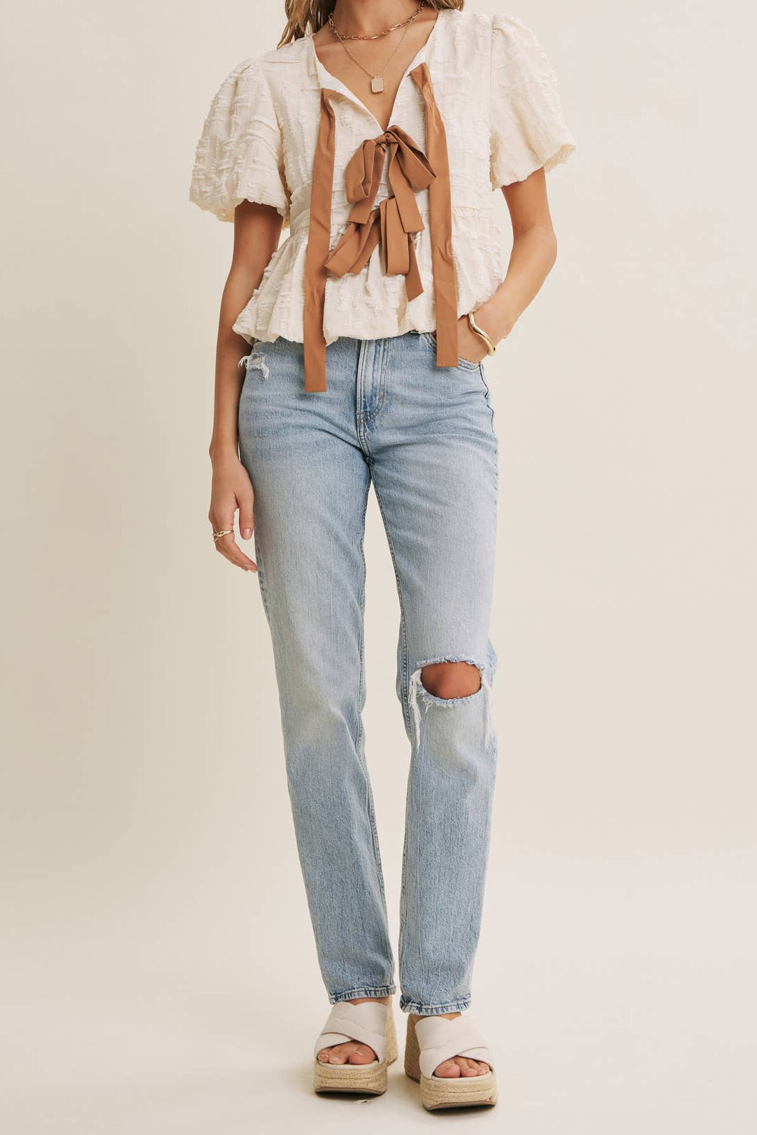 Textured Bow Babydoll blouse