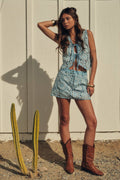 Denim Cutout Embroidered Mini Skort