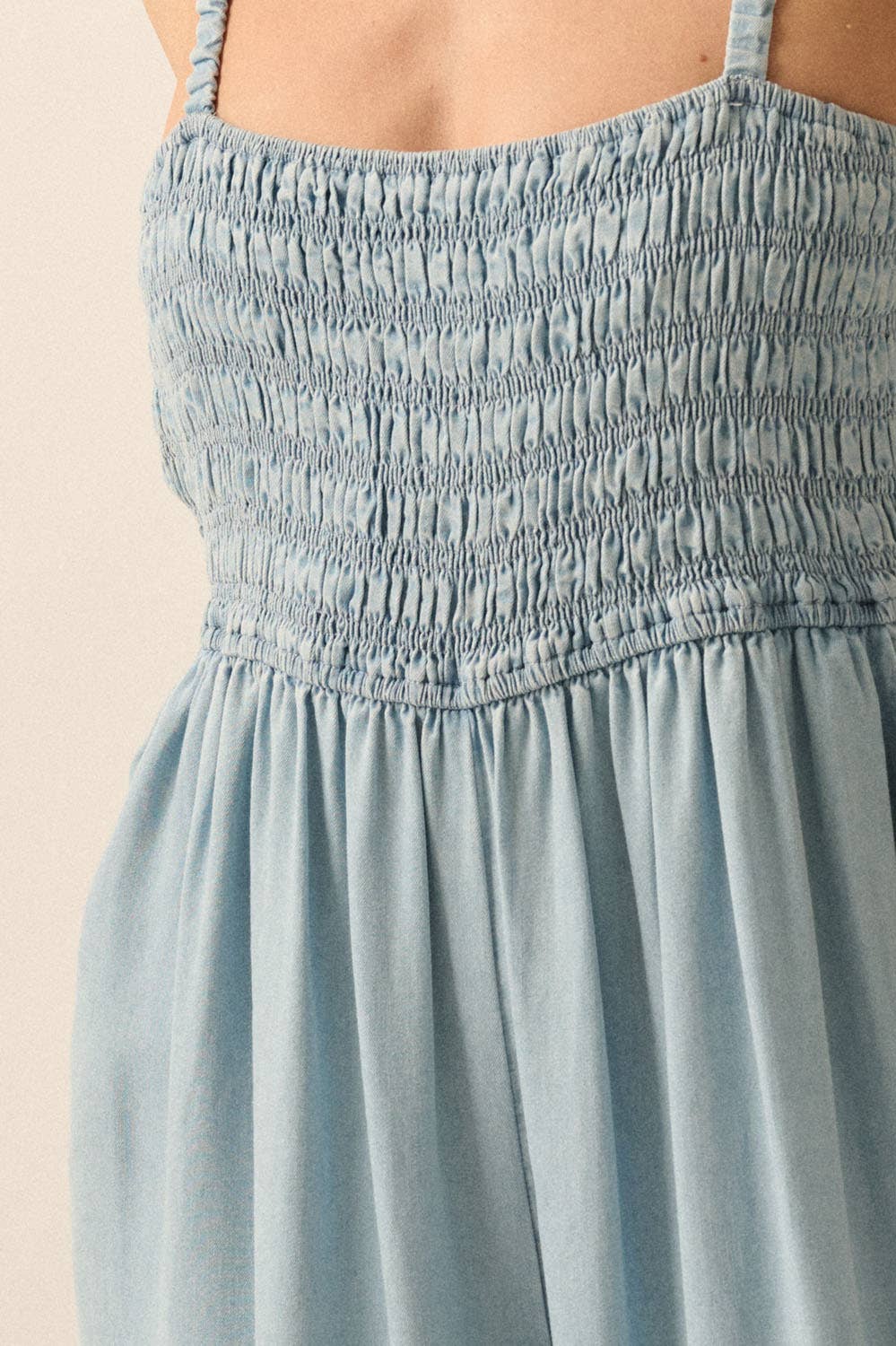 Denim Straight-Neck Smock-Bodice Jumpsuit