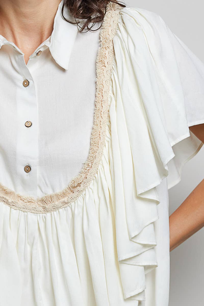 Romantic Ruffle Trim Gathered Panels Woven Blouse SALE