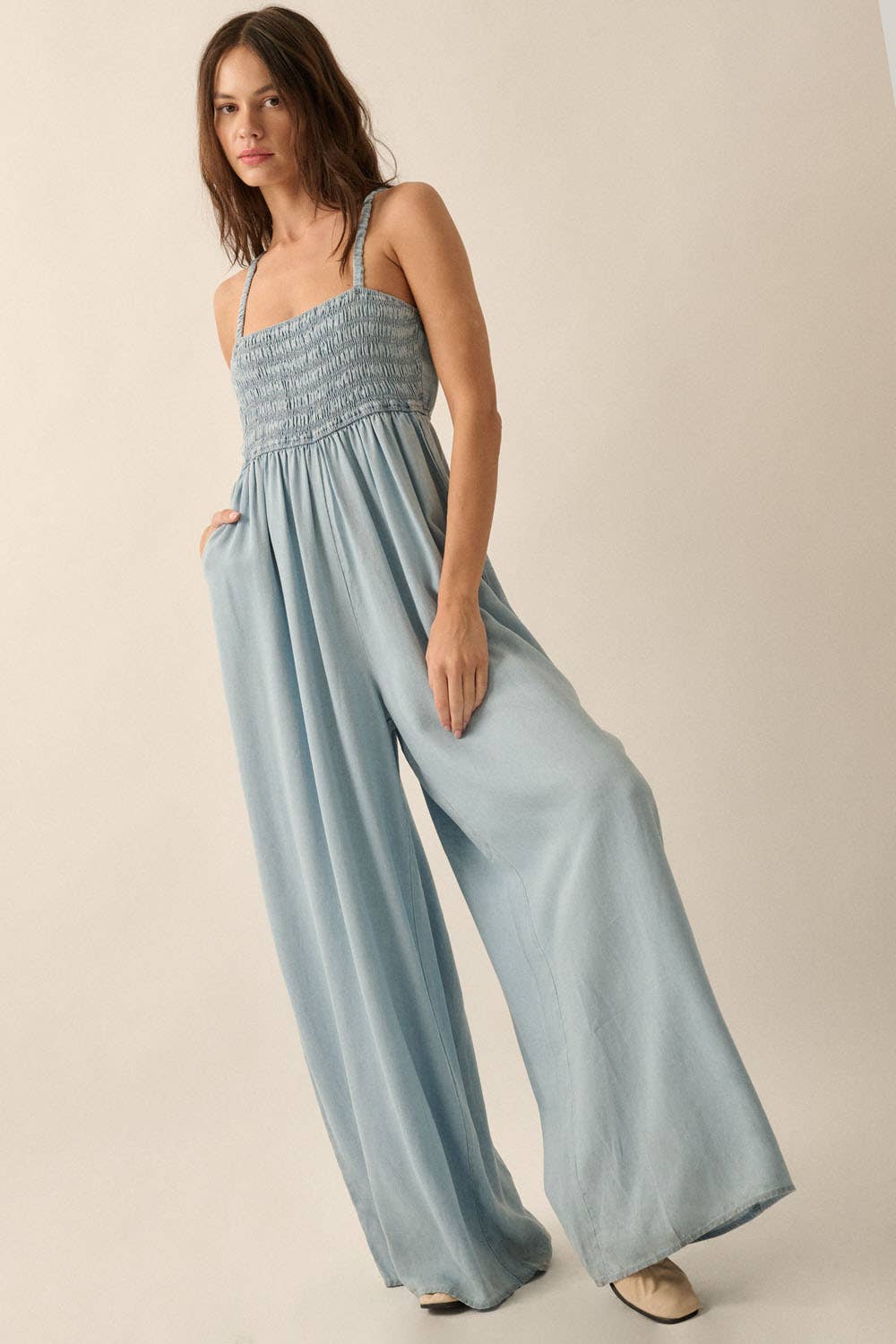 Denim Straight-Neck Smock-Bodice Jumpsuit
