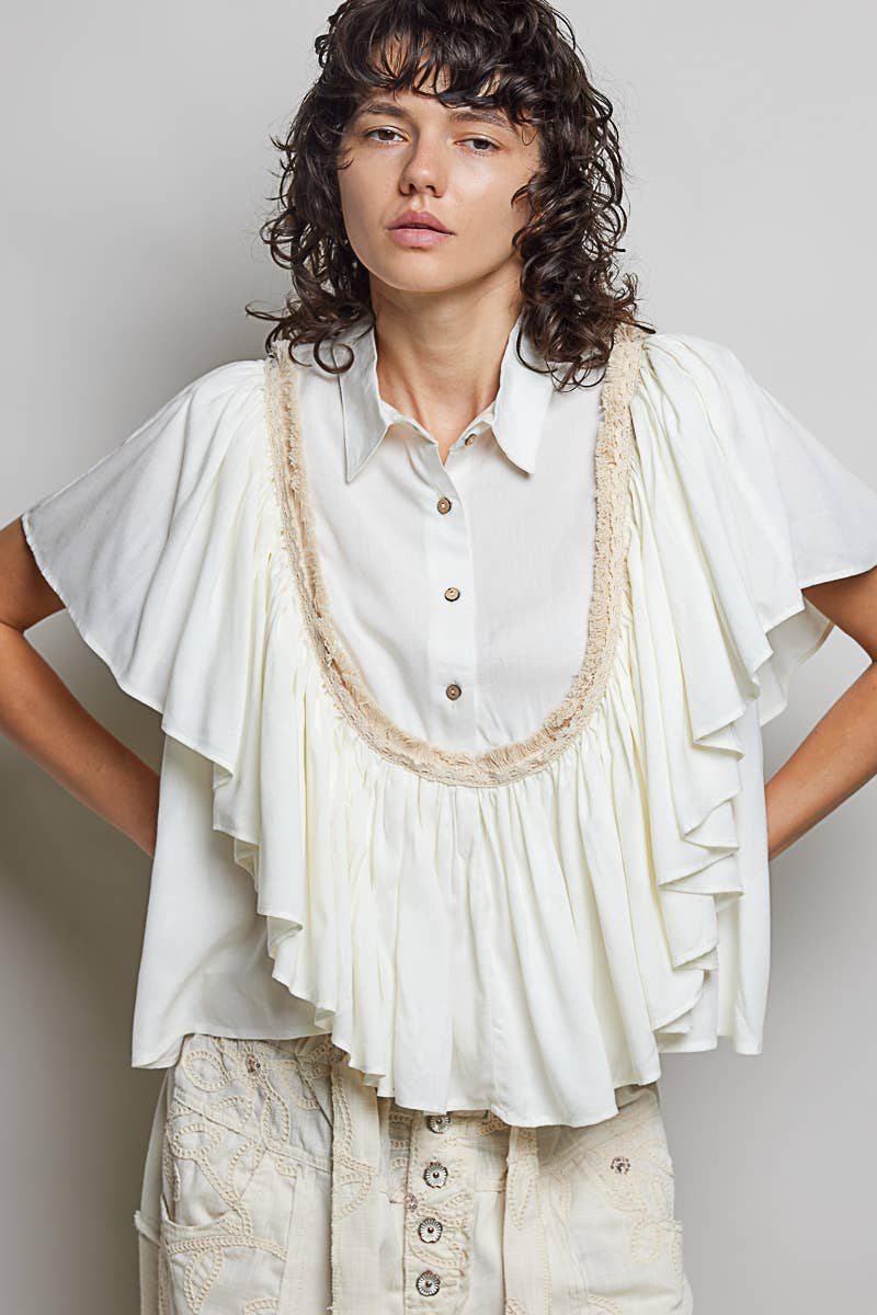 Romantic Ruffle Trim Gathered Panels Woven Blouse SALE