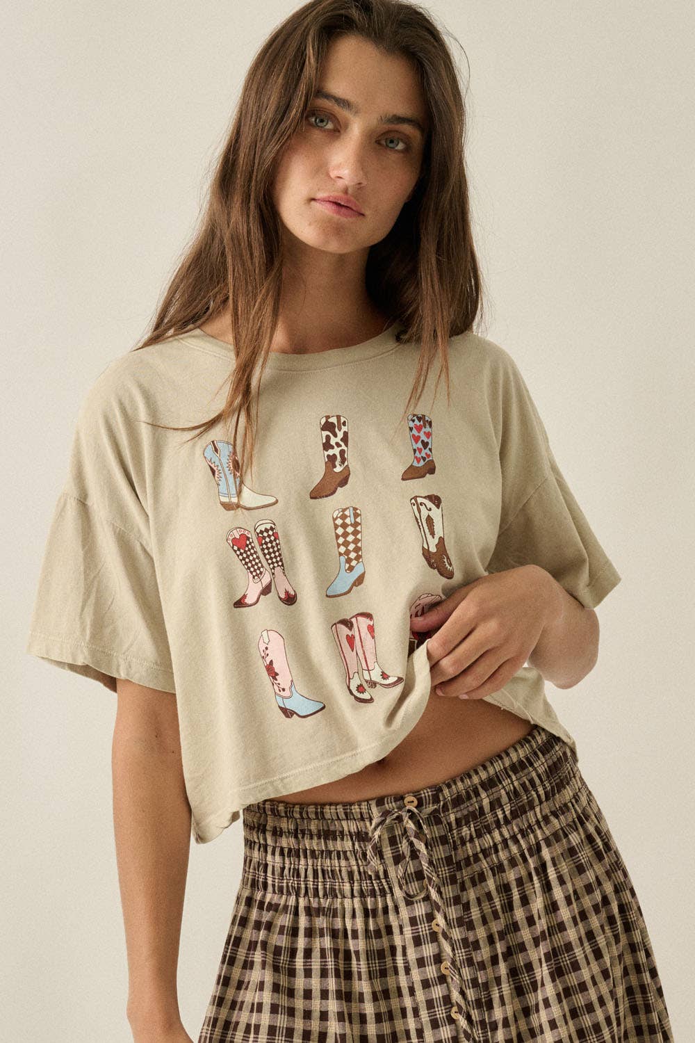 Western Cowboy Boots Vintage-Wash Cropped Graphic Tee
