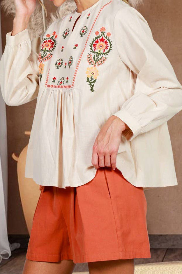 Floral Embroidered 100% Cotton Bohemian Blouse Top
