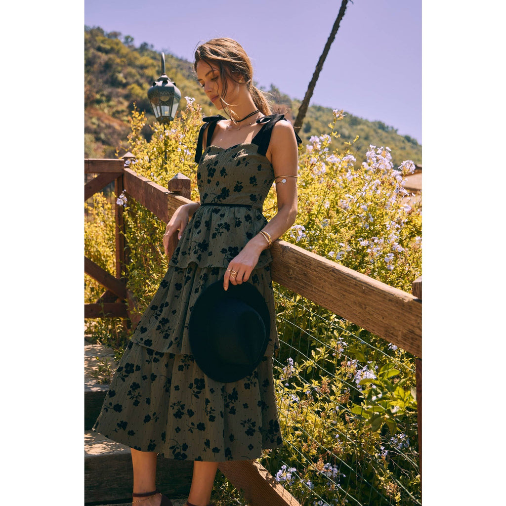 FLORAL FLOCKED TIERED MIDI DRESS