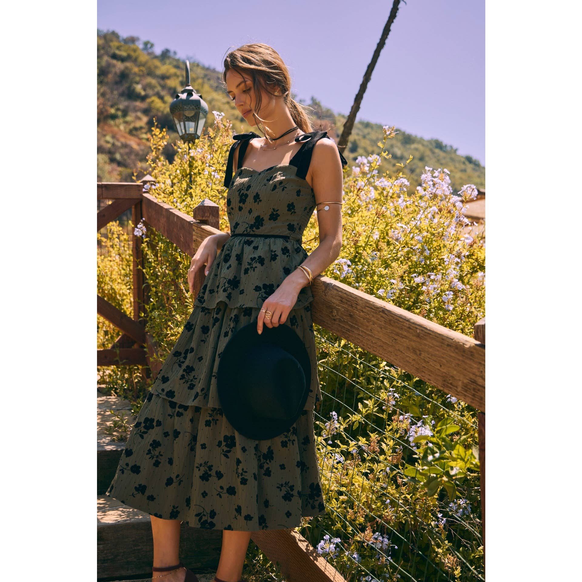 FLORAL FLOCKED TIERED MIDI DRESS
