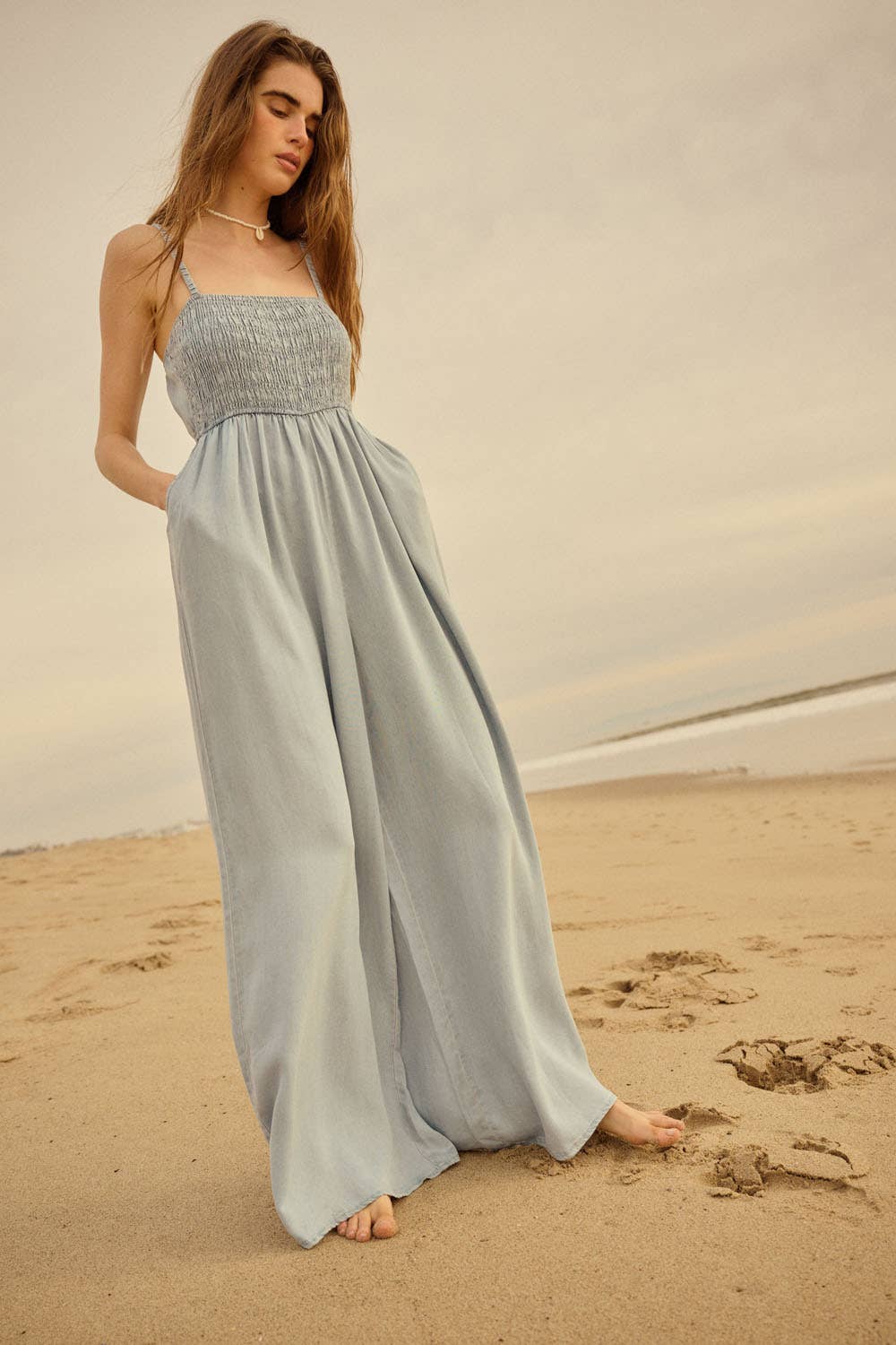 Denim Straight-Neck Smock-Bodice Jumpsuit