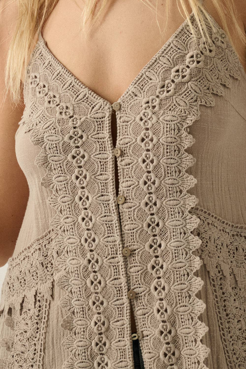Cotton Gauze Lace-Trimmed Button-Front Cami Maxi Top