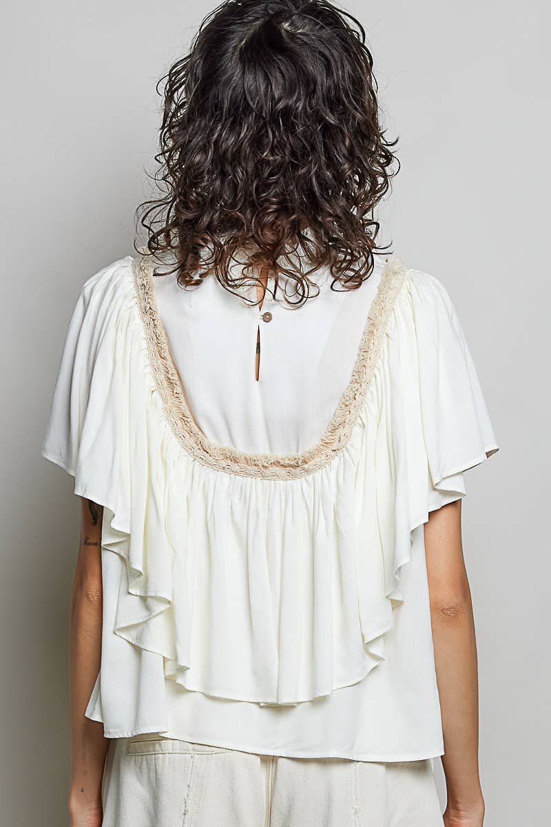 Romantic Ruffle Trim Gathered Panels Woven Blouse SALE