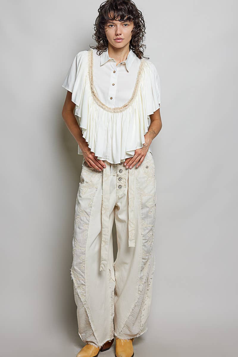 Romantic Ruffle Trim Gathered Panels Woven Blouse SALE