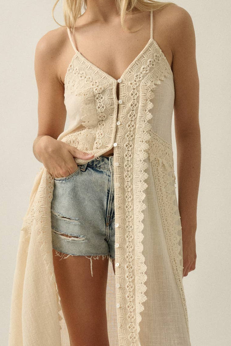Cotton Gauze Lace-Trimmed Button-Front Cami Maxi Top