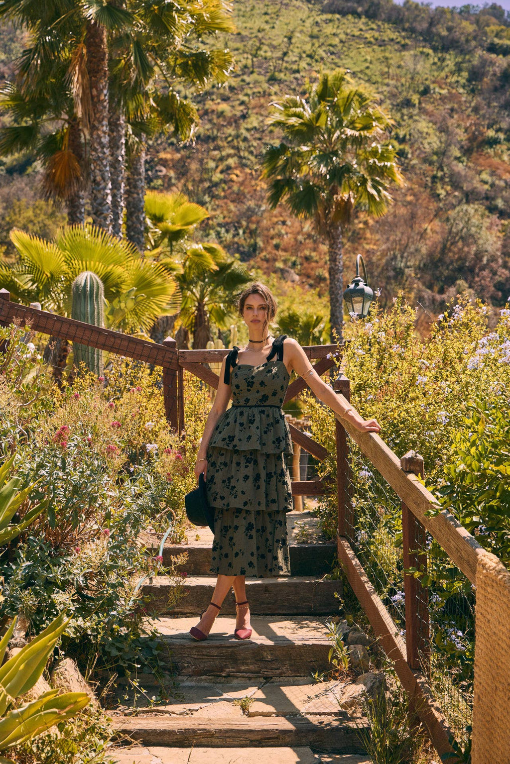FLORAL FLOCKED TIERED MIDI DRESS