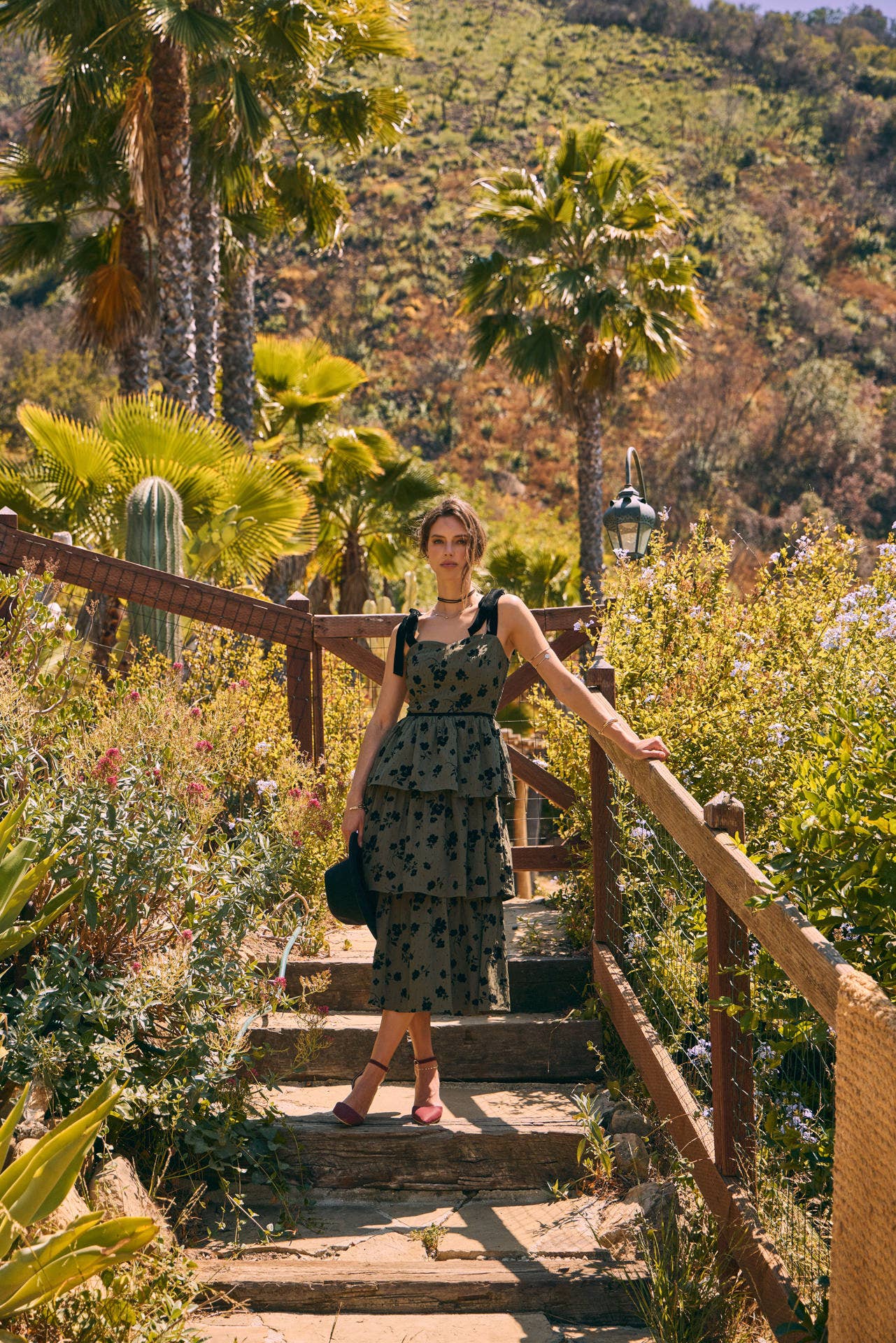 FLORAL FLOCKED TIERED MIDI DRESS