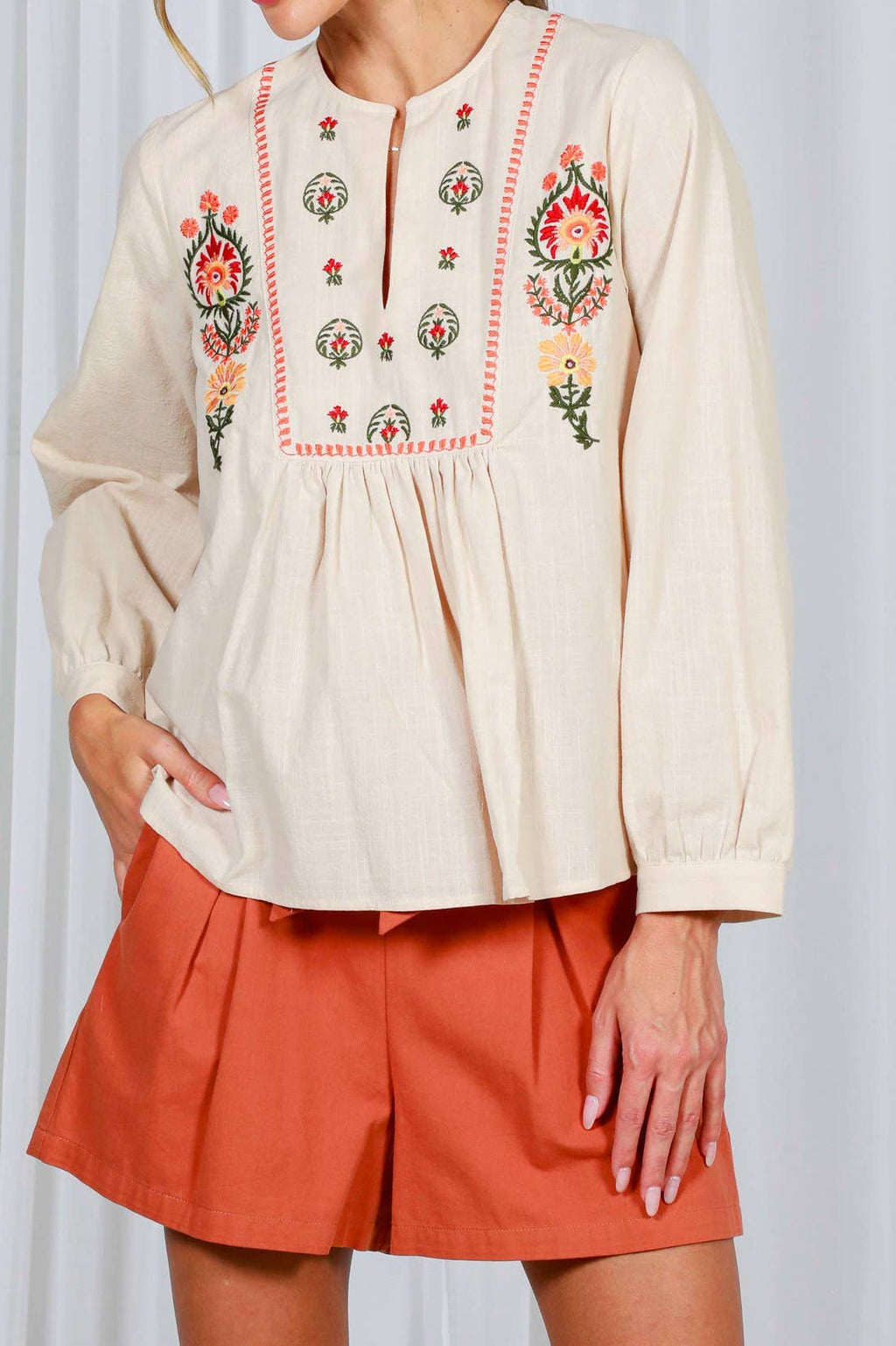 Floral Embroidered 100% Cotton Bohemian Blouse Top