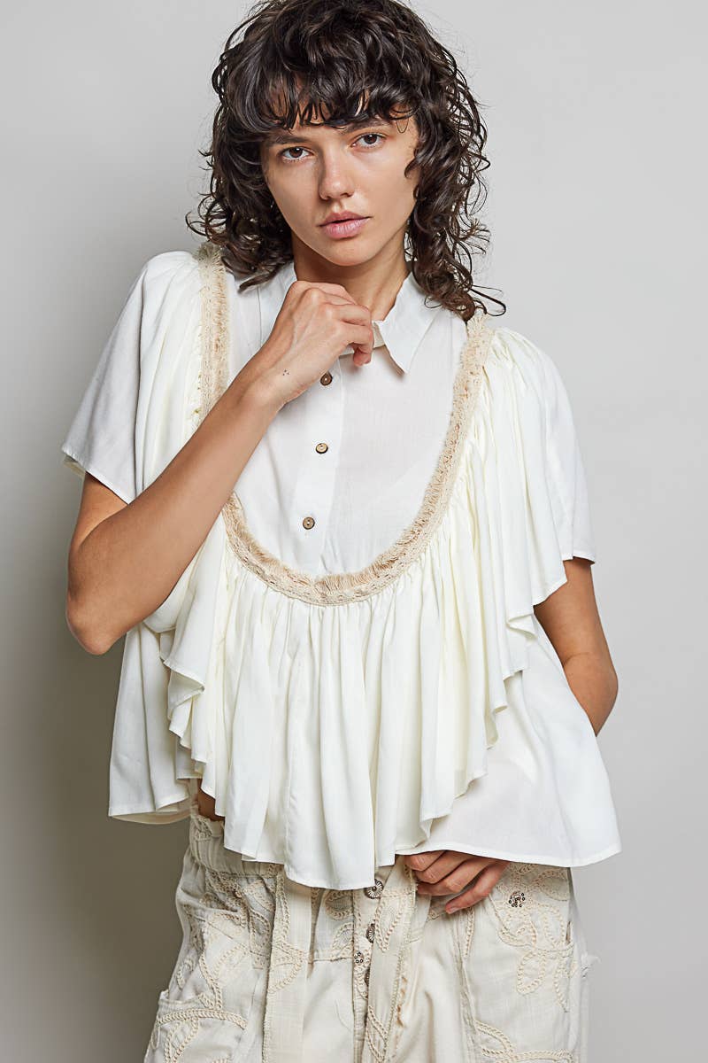 Romantic Ruffle Trim Gathered Panels Woven Blouse SALE