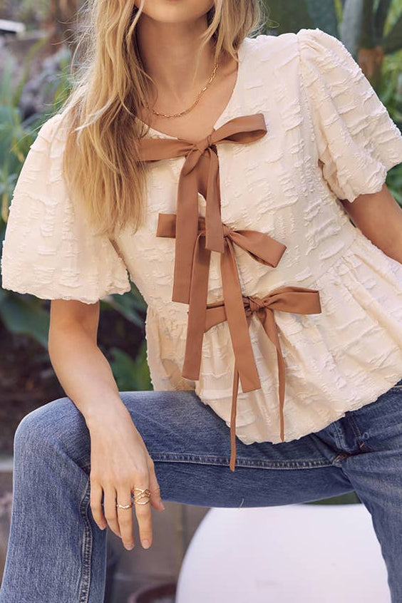 Textured Bow Babydoll blouse