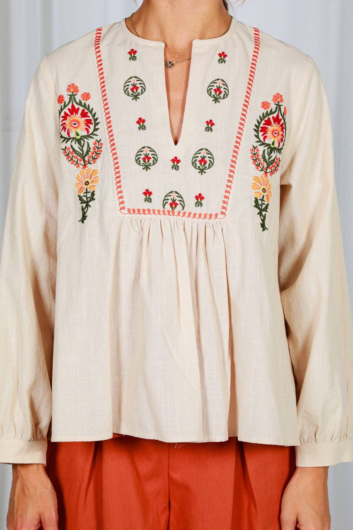 Floral Embroidered 100% Cotton Bohemian Blouse Top