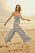 Denim Straight-Neck Smock-Bodice Jumpsuit