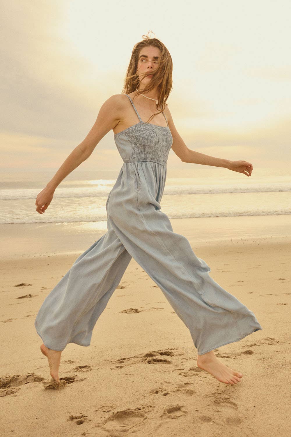 Denim Straight-Neck Smock-Bodice Jumpsuit