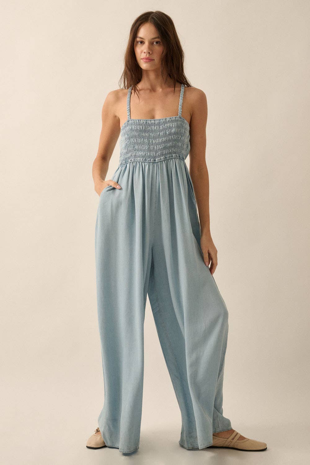 Denim Straight-Neck Smock-Bodice Jumpsuit