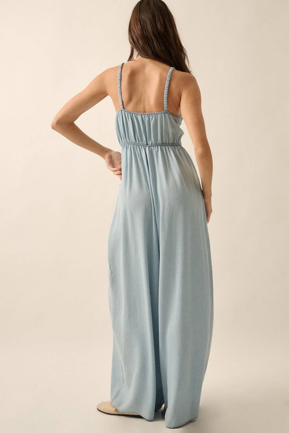 Denim Straight-Neck Smock-Bodice Jumpsuit