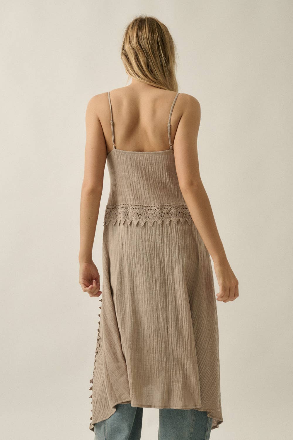 Cotton Gauze Lace-Trimmed Button-Front Cami Maxi Top