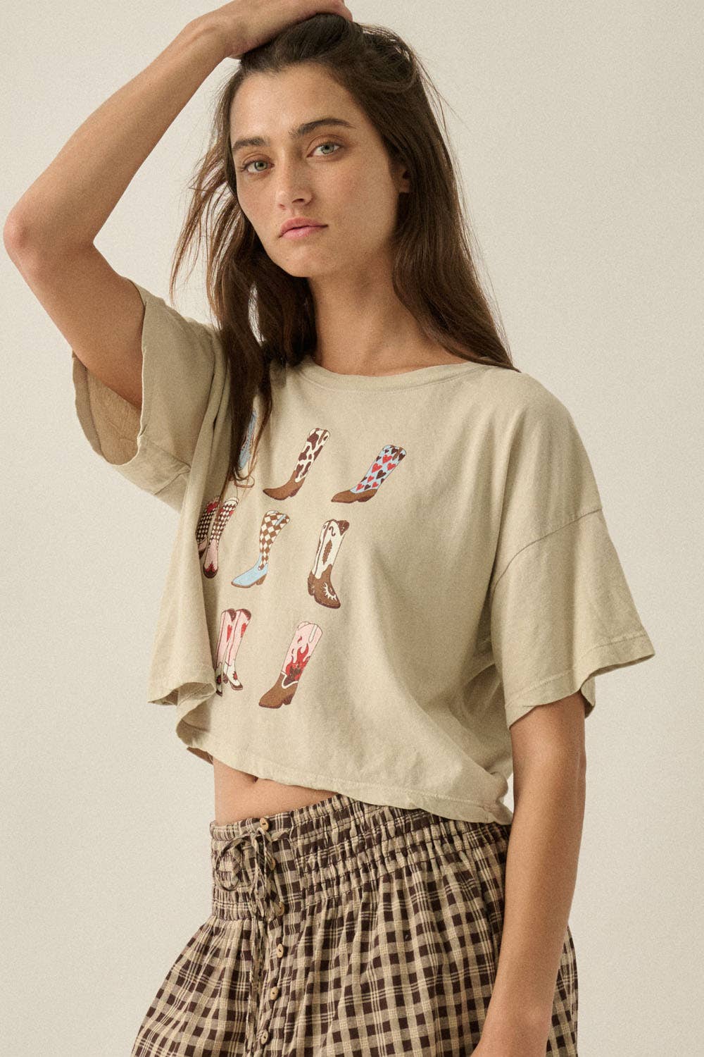 Western Cowboy Boots Vintage-Wash Cropped Graphic Tee