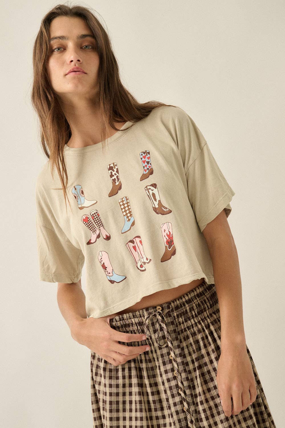 Western Cowboy Boots Vintage-Wash Cropped Graphic Tee