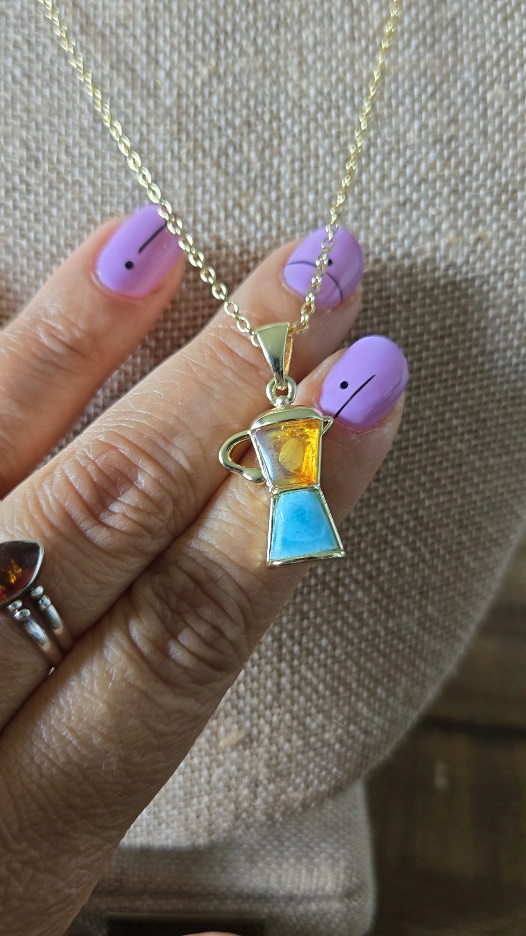 Larimar and amber greca/coffee pot necklace