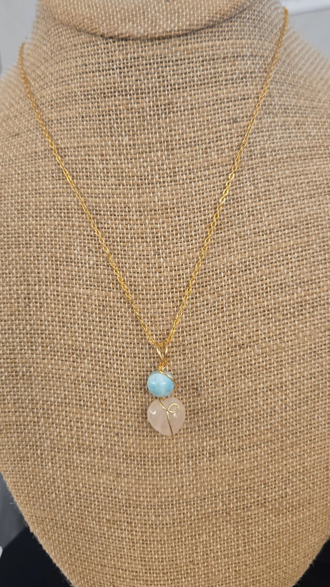 Wire-wrapped Larimar + Rose Quartz necklace