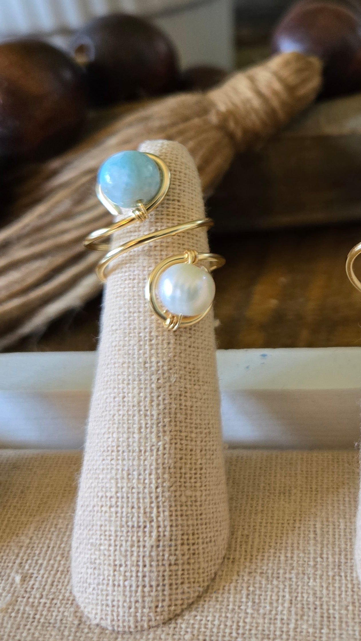 Wire-wrapped two gems/two loops adjustable ring- Larimar/Freshwater Pearl