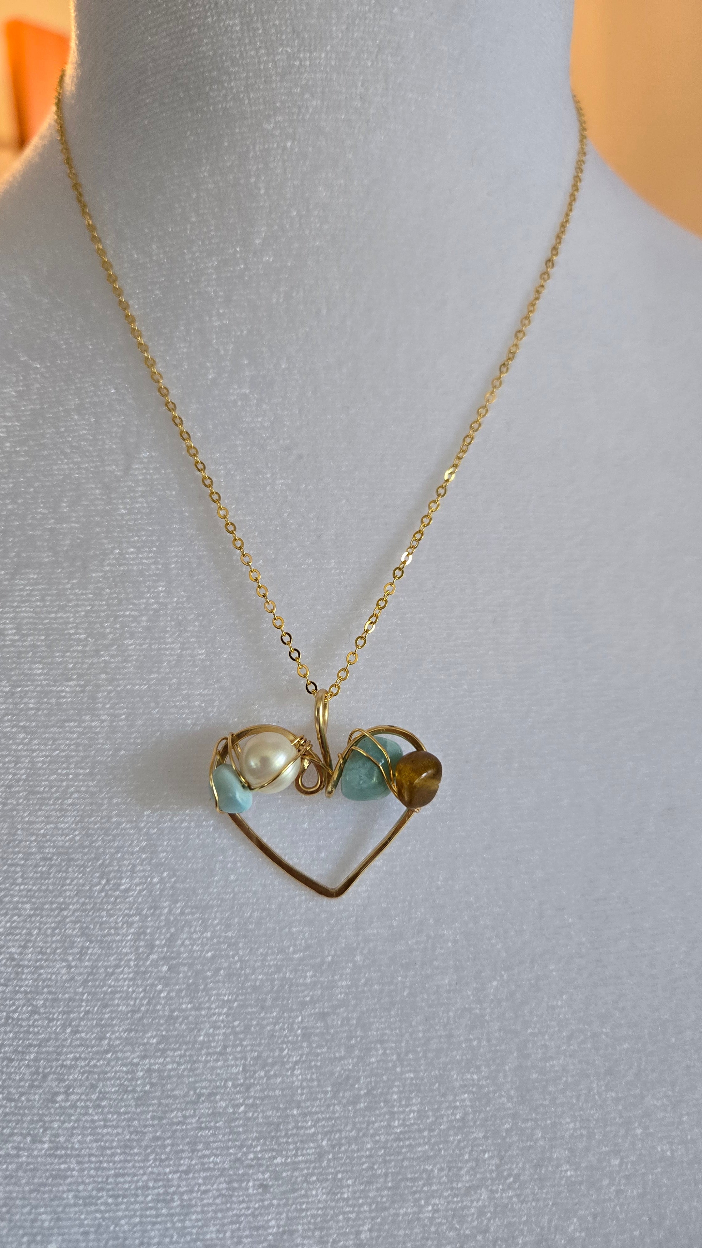 Wire-wrapped Amber/Larimar/Freshwater Pearl Necklace