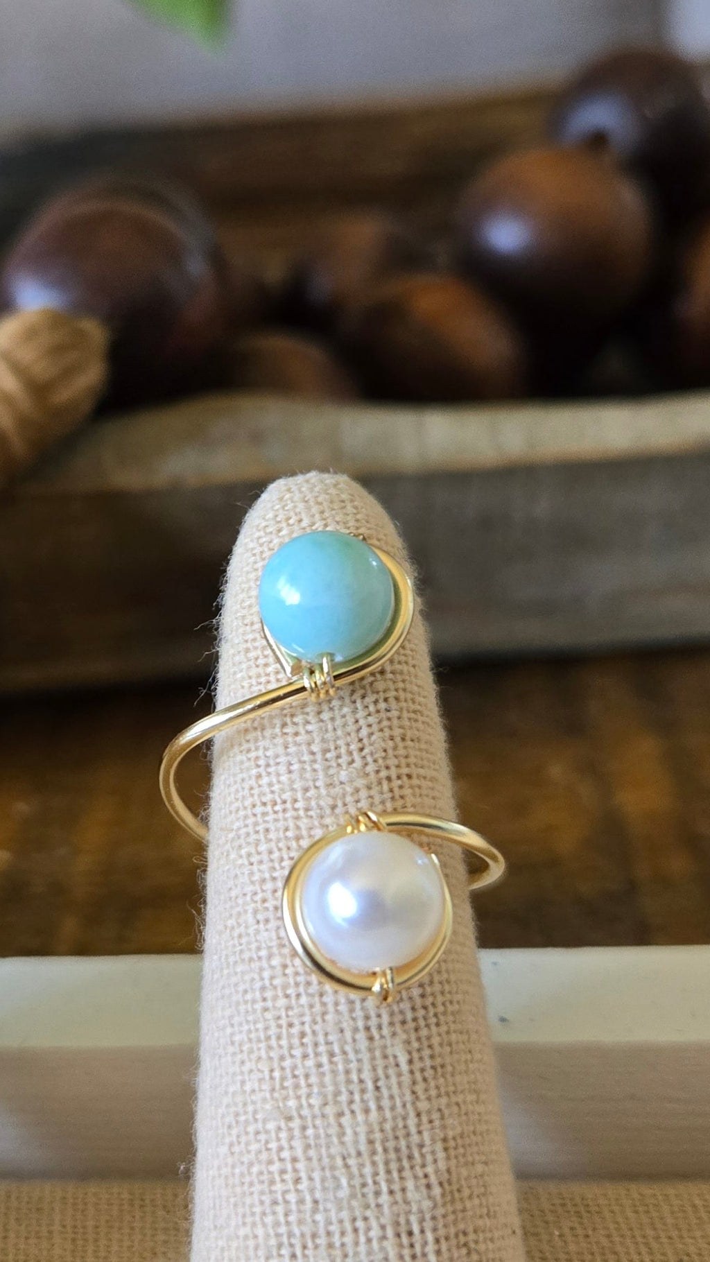 Wire-wrapped two gems/1 loop adjustable ring- Larimar/River Pearl