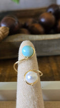 Wire-wrapped two gems/1 loop adjustable ring- Larimar/River Pearl