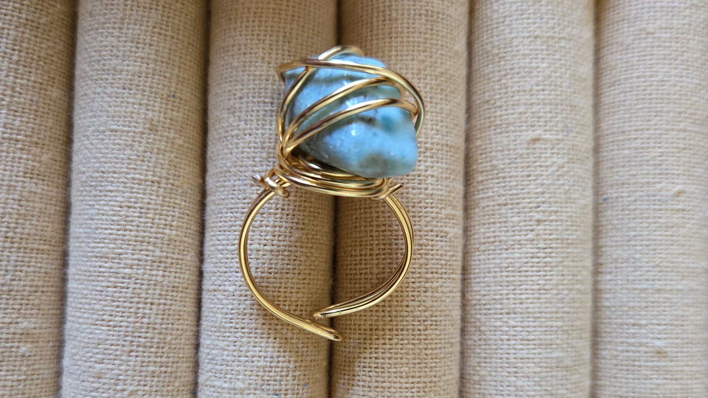 Natural Stone Larimar Wire-wrapped Adjustable Ring