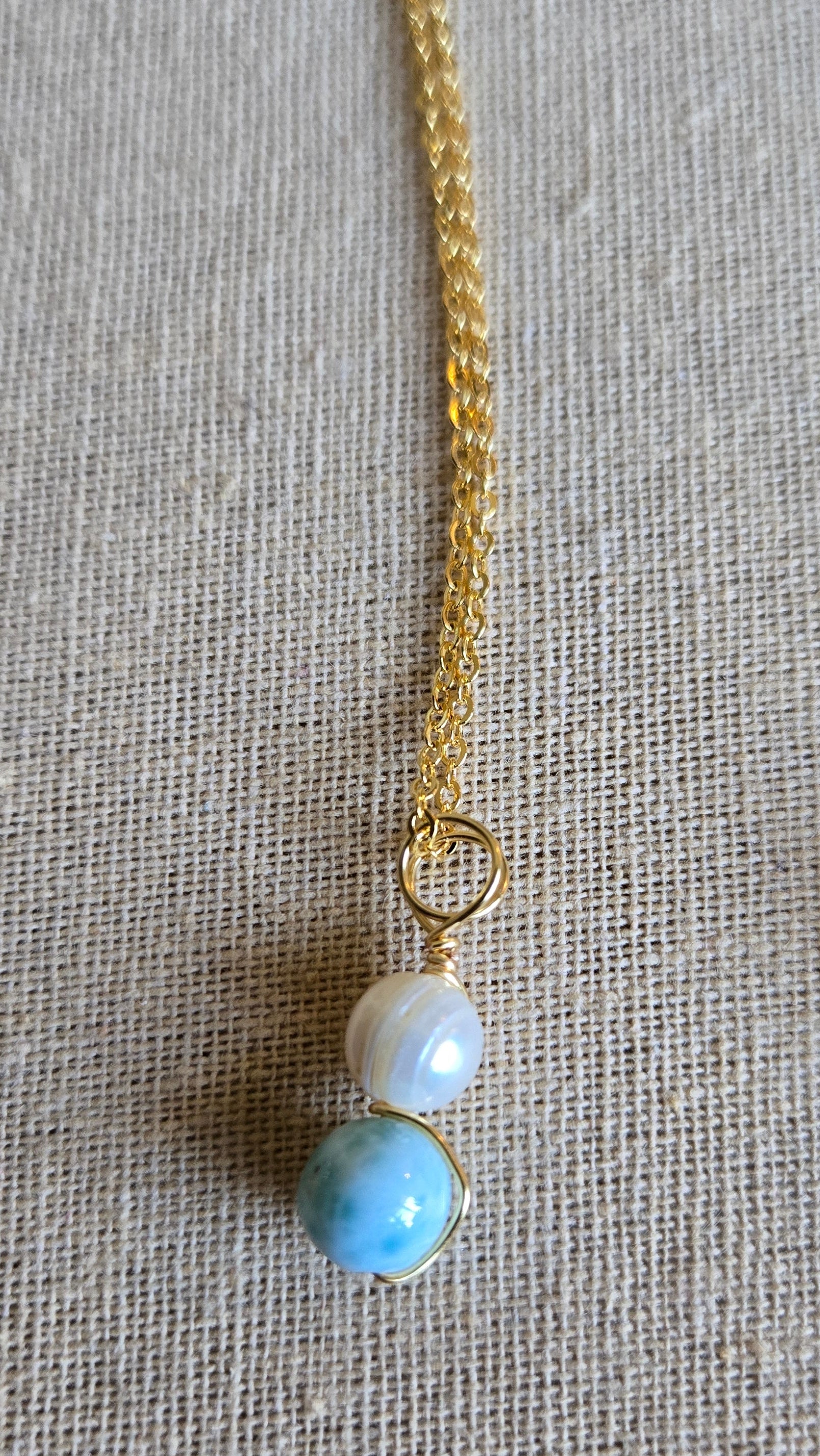 Wire-wrapped Freshwater Pearl-Larimar necklace