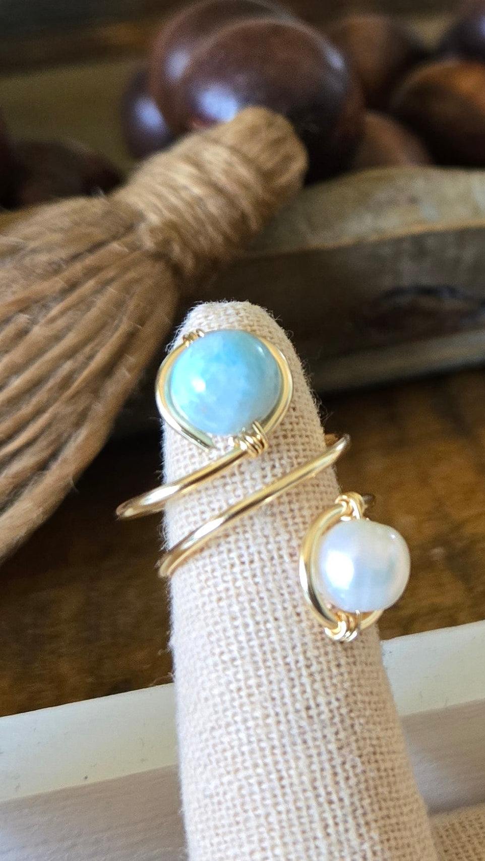 Wire-wrapped two gems/two loops adjustable ring- Larimar/Freshwater Pearl