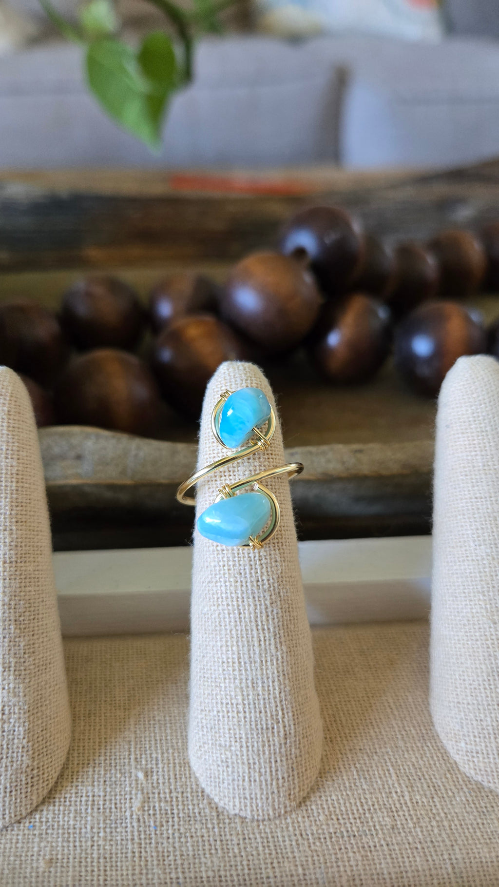 Wire-wrapped two stones adjustable ring- Larimar