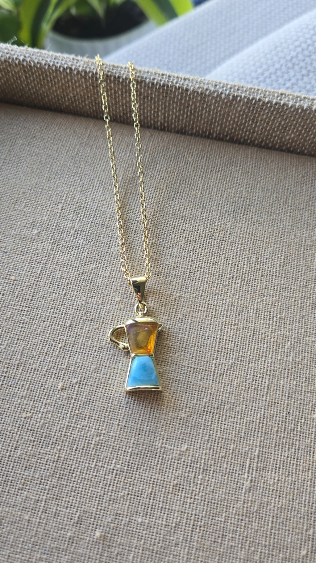 Larimar and amber greca/coffee pot necklace