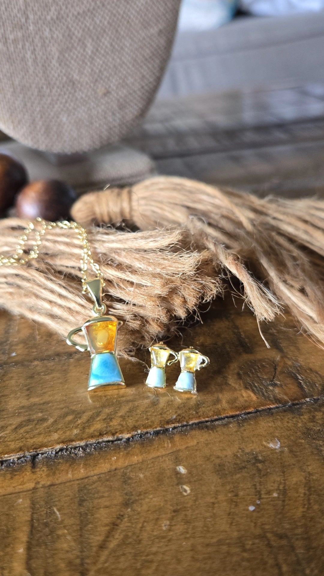 Larimar and amber greca/coffee pot mini earrings