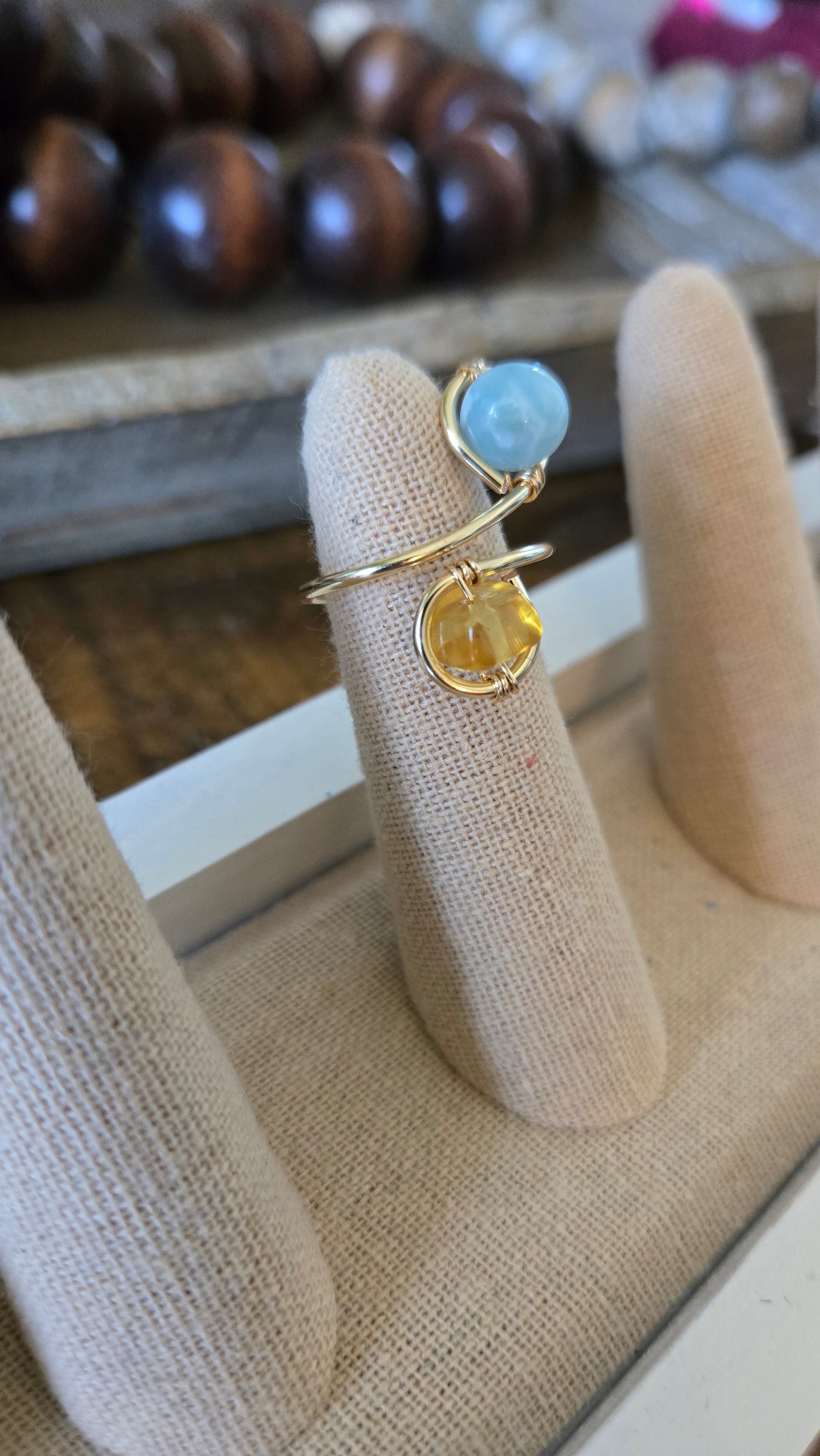 Wire-wrapped two stones adjustable ring- Larimar/Amber