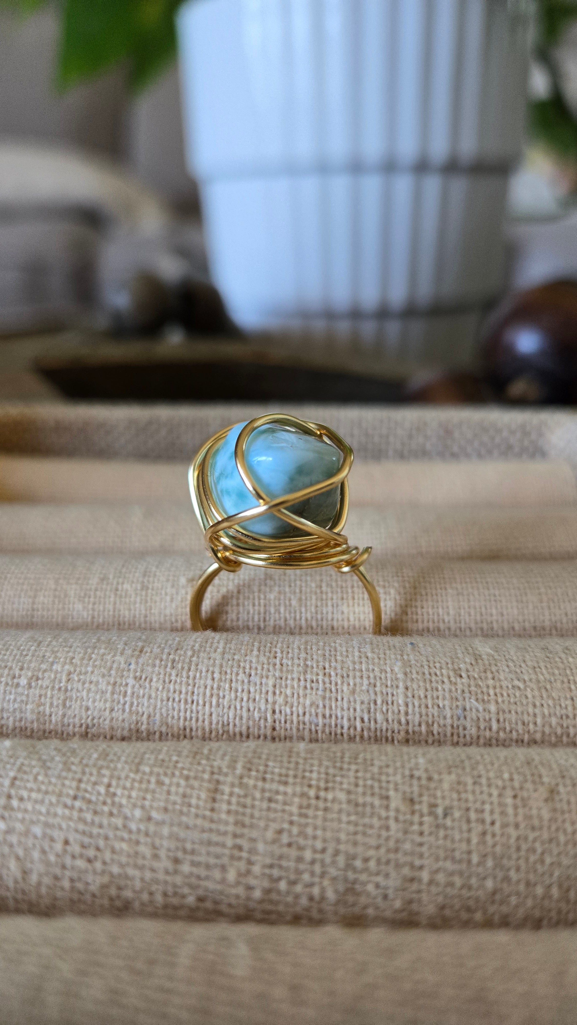 Natural Stone Larimar Wire-wrapped Adjustable Ring