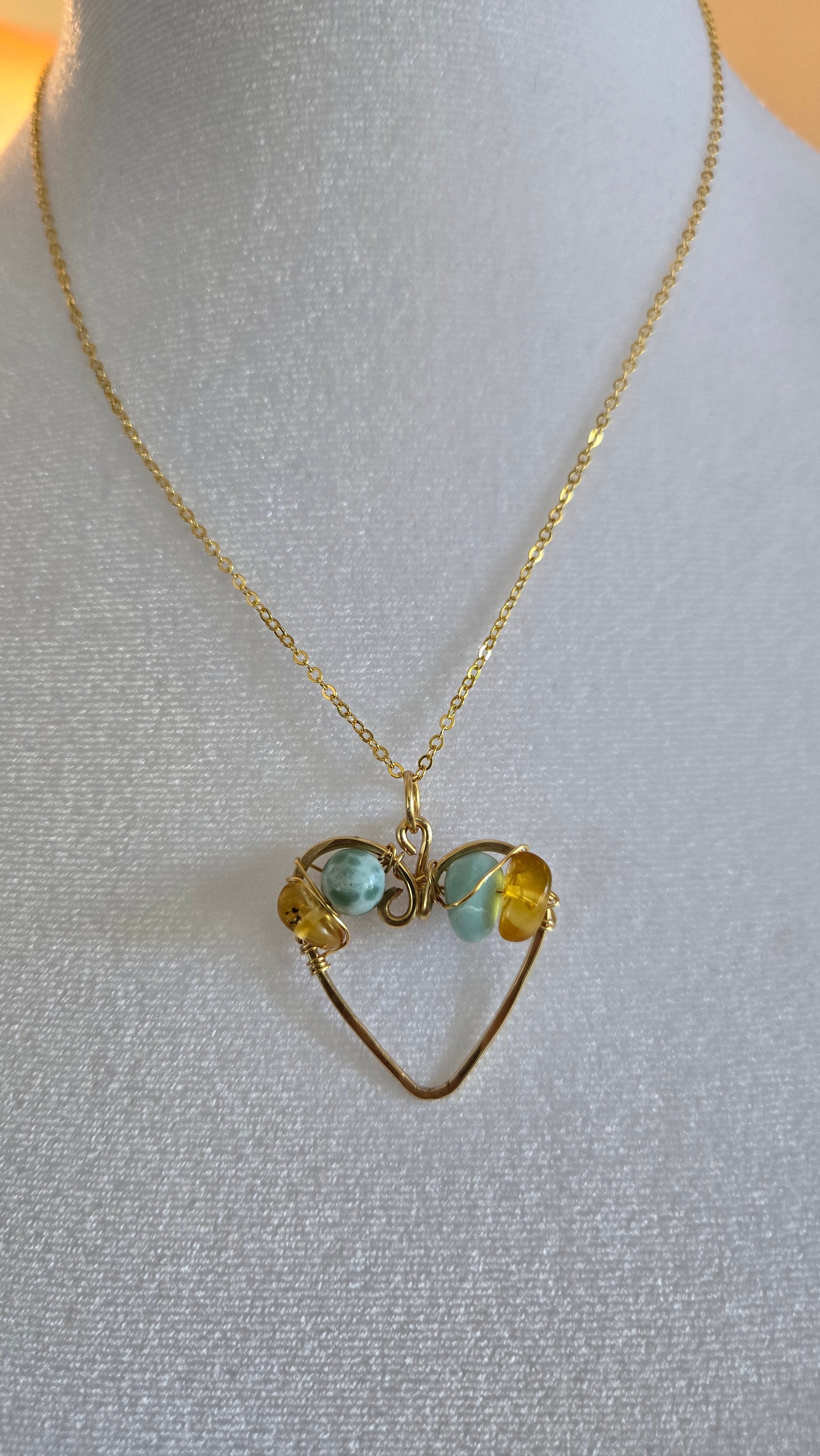 Wire-wrapped Amber/Larimar Necklace